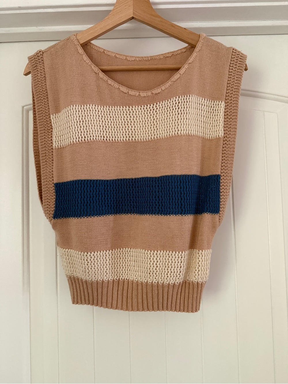 Striped Knit Sweater Vest in Beige, Cream & Navy
